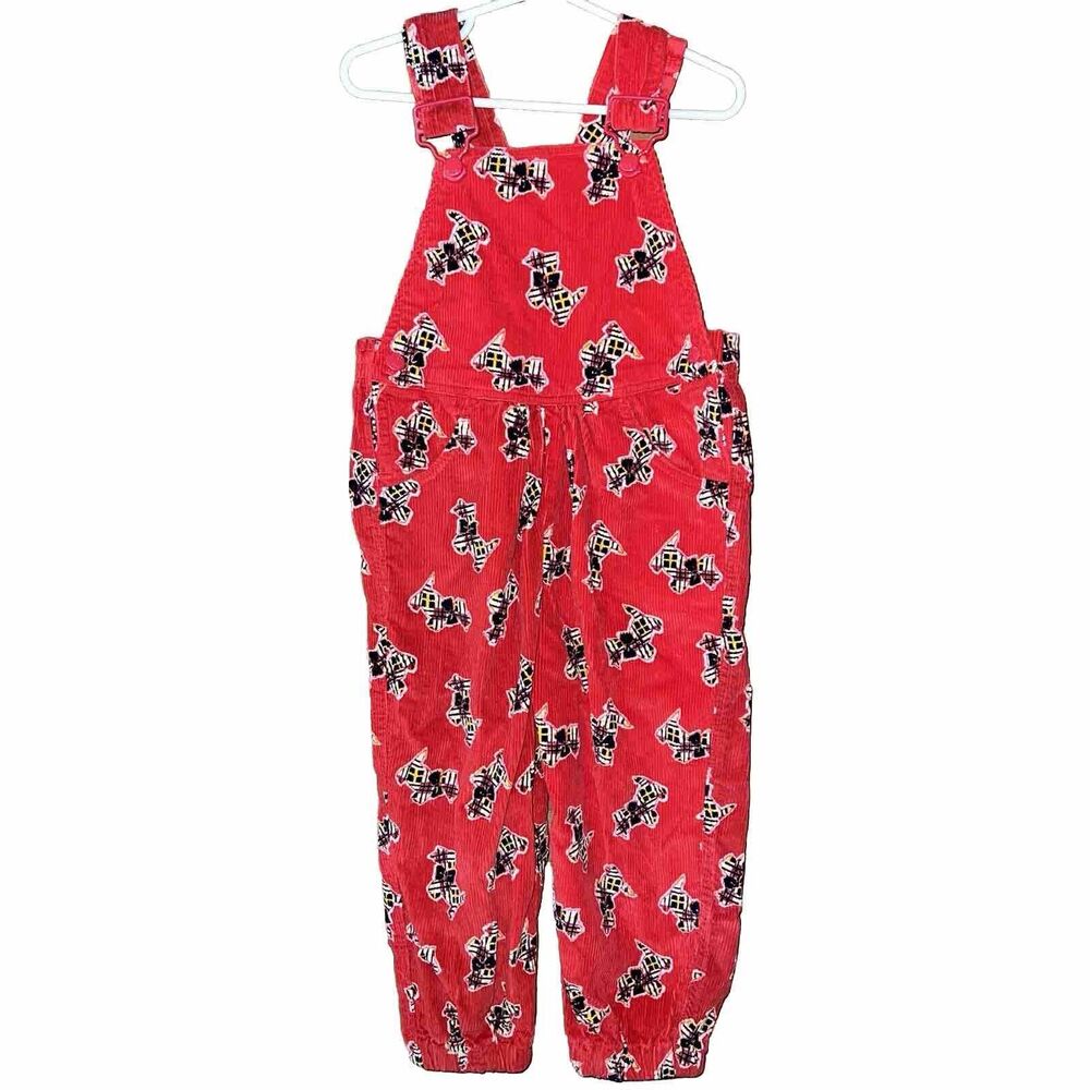Vintage Happy Kids Red Corduroy Dog Print Overalls Child Size 4T